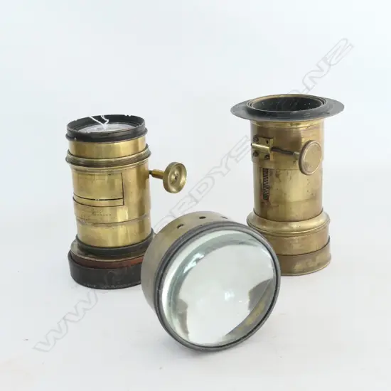 3 LARGE FORMAT BRASS CAMERA LENSES, ONE ENGRAVED J.H DALLMEYER 2B, PATENT, No.16612